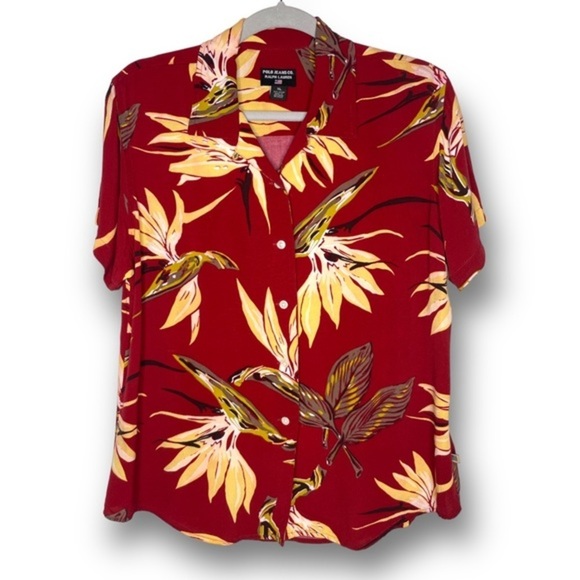 Vintage Polo Jeans Ralph Lauren XL Red Yellow Floral Hawaiian Button Up Shirt - Picture 1 of 11